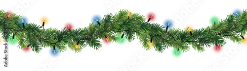 Seamless decorative christmas border with coniferous branches and garlands of colorful christmas lights