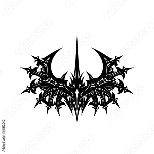 Abstract black symmetrical tribal design with sharp spikes and gothic elements, resembling a stylized crest or tattoo.