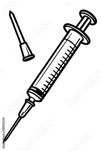 Black and white line art vector of a hypodermic syringe for injections, medicine delivery, vaccinations, and medical procedures, featuring a separate needle protective cap, essential healthcare instru