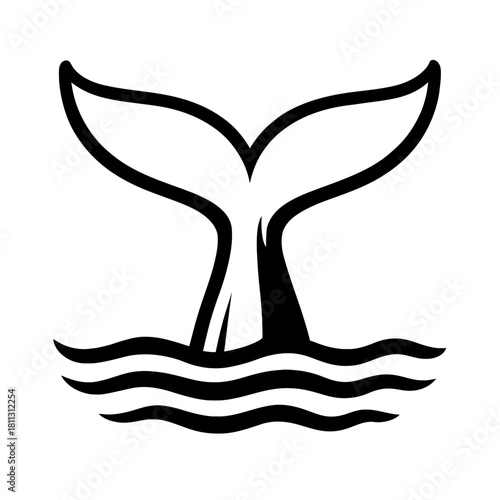 Captivating black and white whale tail (fluke) icon emerging from ocean waves. A powerful vector illustration symbolizing marine life, freedom, nature, and deep-sea exploration. Ideal for conservation