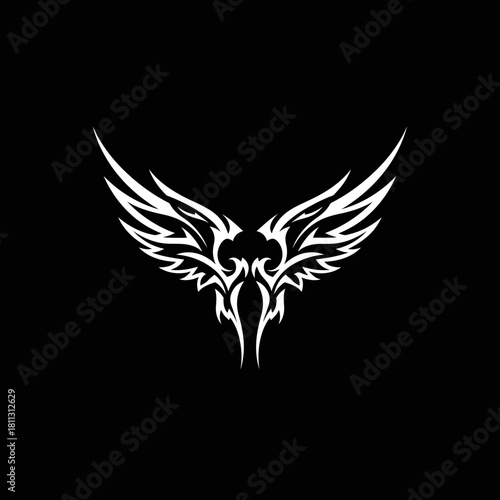 White tribal stylized wings graphic design on a black background, symmetrical and sharp, resembling an emblem or tattoo.
