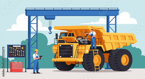 Team of mechanics performing diagnostics and engine repair on a massive yellow haul truck in a service workshop with a gantry crane. Flat vector illustration