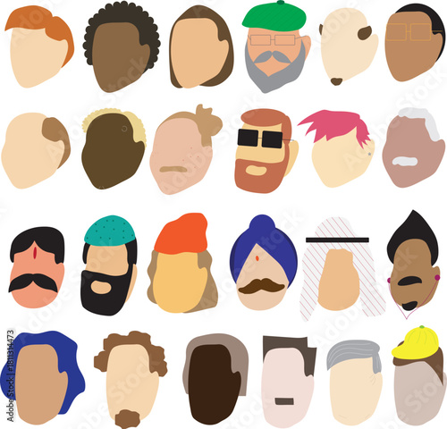 Male diverse faces and diverse hair of different ethnicity. Men empowerment mens day. International mens day graphic in vector flat illustration