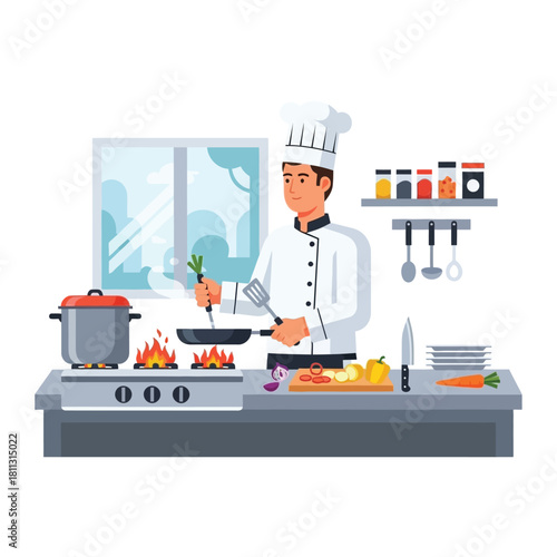 A chef in a white uniform cooking food in a modern kitchen, preparing a meal.