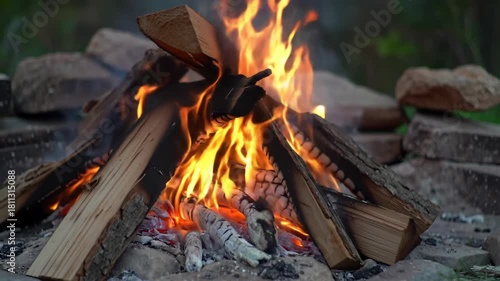 Campfire burning logs in a stone fire pit with soft focus green background. Good for warmth, camping