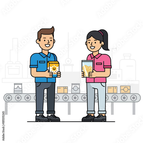 Two factory workers holding packaged goods near a conveyor belt in a production facility.