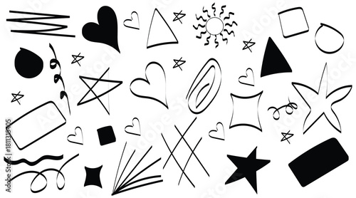 hand drawn abstract doodle shapes and decorative sketch elements in black outline, random artistic doodle symbols featuring hearts stars and geometric shapes, minimal abstract hand drawn icons