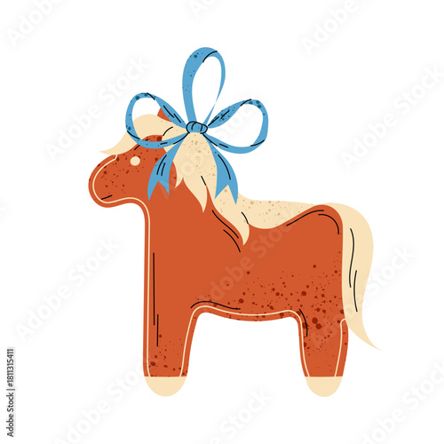 Cute horse Christmas gingerbread cookie. Festive sweets food. Gingerbread with bow. Christmas tree decoration. Symbol year.