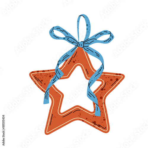Cute star Christmas gingerbread cookie. Festive sweets food. Gingerbread with blue ribbon. Christmas tree decoration.