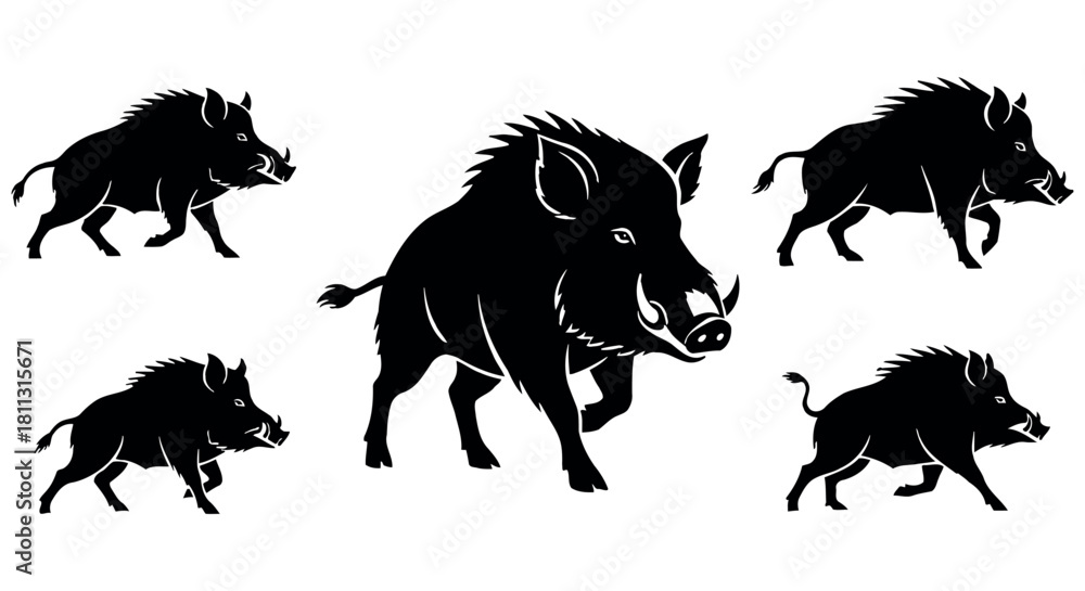 Naklejka premium Wild boar or wild pig silhouettes collection large angry mammal running vector illustration set