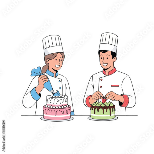 Two chefs decorate cakes with frosting and fresh fruit, smiling happily.