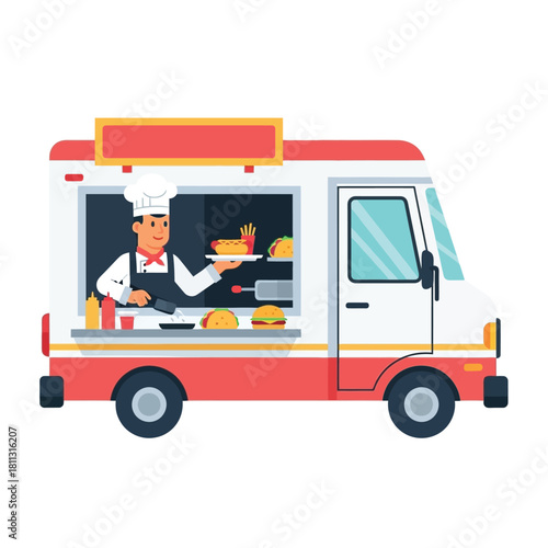 A cheerful chef prepares and serves food from a colorful food truck.