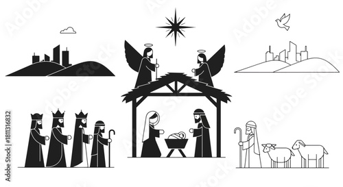 Nativity Scene Vector Illustration with Angels, Wise Men, and Manger – Minimal Christmas Design