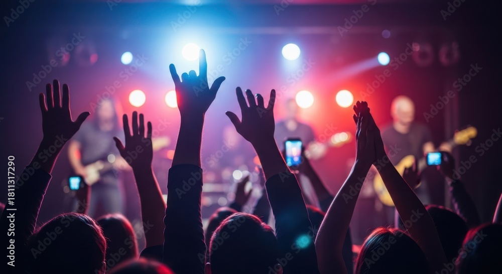 Fototapeta premium Many people are actively raising their hands at a live music concert. Audience enjoying a rock band performance with festive stage lights. Party event or festival concept.