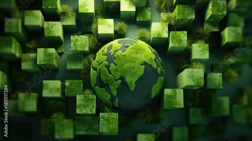 Abstract Green Earth Surrounded by Cubes - A Sustainable Future Concept.