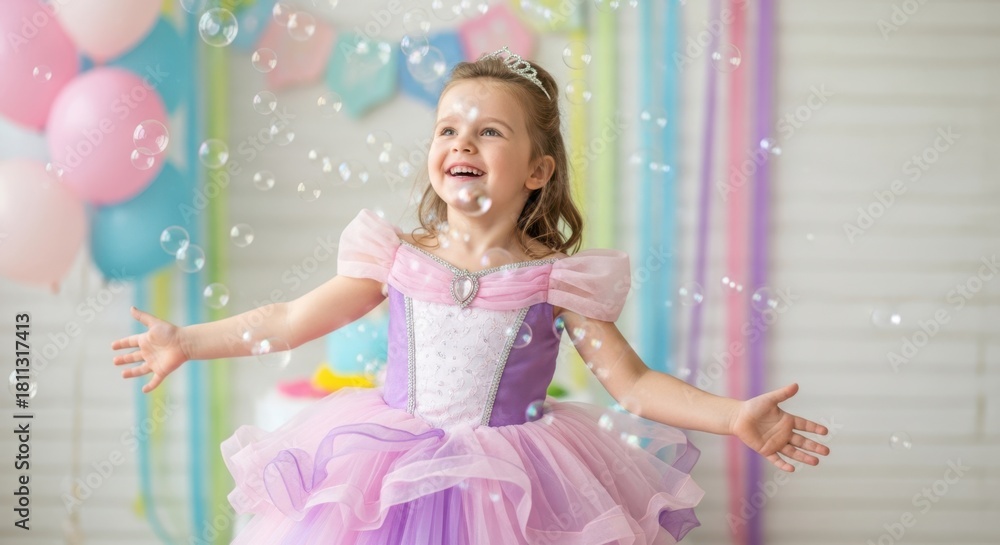 Naklejka premium Smiling little girl in a princess dress playing with soap bubbles. Childhood dream and celebration concept for birthday card design.