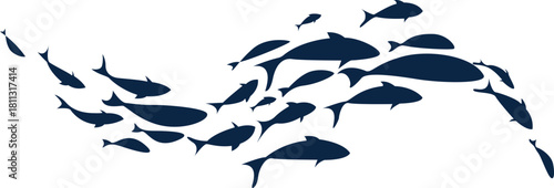 School of fish silhouettes in motion marine life shoal Illustration, Ocean wildlife swimming pattern, Underwater aquatic animal group vector design.