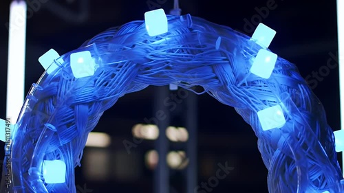 Close-up of a vibrant, futuristic arch illuminated by numerous glowing blue LED lights, showcasing modern technology and innovative design