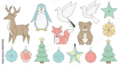 Geometric Christmas Vector Set with Origami Animals and Decorations – Modern Holiday Design Elements
