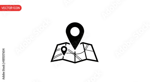 A simple black and white vector icon showing a folded map with location pins marking a destination or route for navigation and travel
