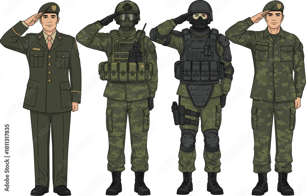 Fototapeta premium Professional Military Personnel Saluting in Detailed Illustrations, Showcasing Different Types of Combat Uniforms, Tactical Vests, and Modern Headgear for Defense.