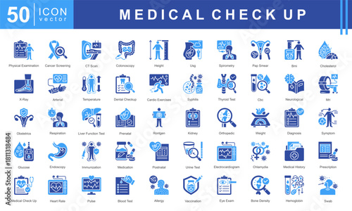 Medical Checkup icon set featuring physical exam, cancer screening, CT scan, X-ray, diagnosis, immunization, blood test, and medical history. Ideal for healthcare, clinics, and wellness services.