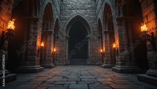 Wallpaper Mural Stone castle hallway features gothic arches and torches. Dark interior walkway evokes medieval mystery. Cobblestone floor leads to a shadowy doorway, creating a dramatic, eerie atmosphere. Torontodigital.ca