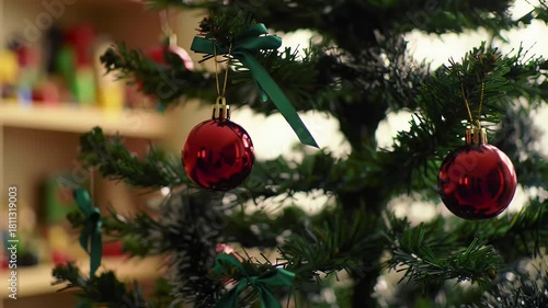 Close-up of a vibrant artificial Christmas tree adorned with shiny red ornaments, symbolizing festive holiday cheer and seasonal joy