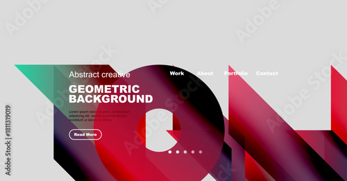 Modern website header design. Geometric shapes, vibrant colors, text overlay, navigation menu present. Clean, professional aesthetic.