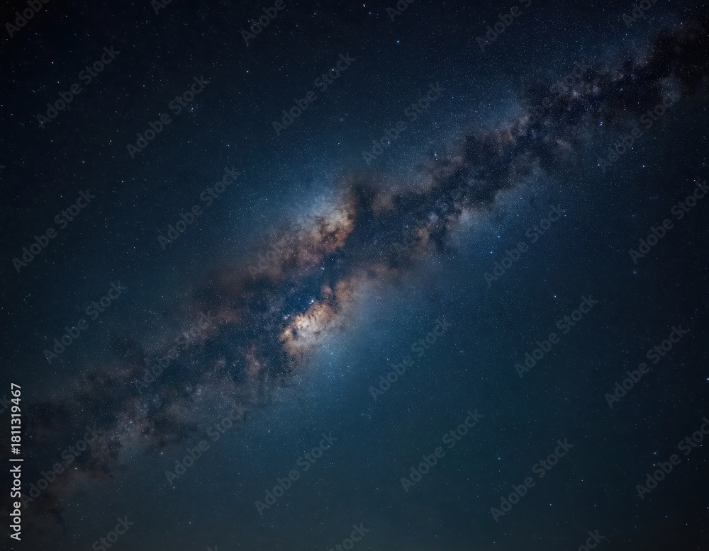 Fototapeta premium Night sky with countless stars and milky way band. Andromeda galaxy visible. Deep space view. Cosmos expands with stellar dust clouds. Natural cosmic beauty.