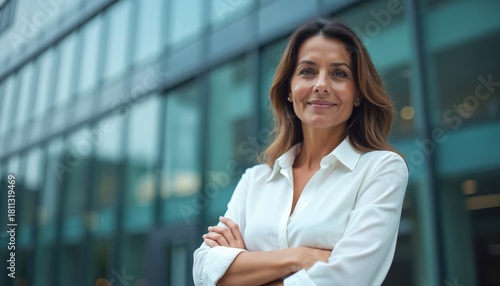 Smiling confident woman in front of office building. Middle aged business person with crossed arms stands outdoors. Pro female at work with success in a modern city. Free Download Smiling confident woman in front of office building. Middle aged business person with crossed arms stands outdoors. Pro female at work with success in a modern city. - GFXLoad