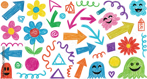 Childlike Crayon Texture Doodles and Shapes Packs.