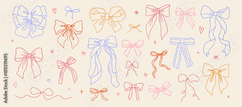 Assorted colorful ribbon bows hand drawn design in pastel shades scattered on a light background