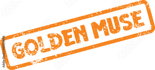 Distressed orange rectangular stamp featuring Golden Muse lettering on a clean white surface