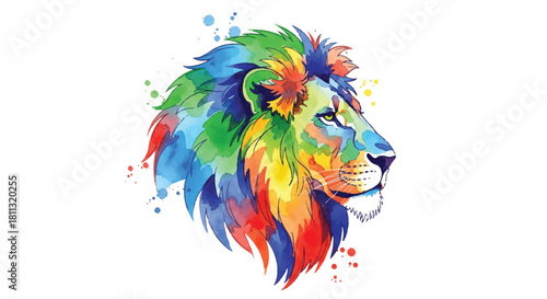 Vibrant colorful watercolor blotches highlight this stylish flat 2D illustration of a majestic lion head in profile set against a bright white background.