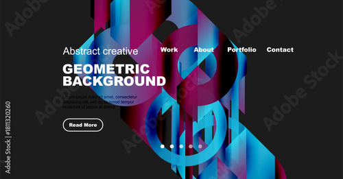Modern website mockup features vibrant geometric shapes, text elements, navigation menu. Dark background enhances visual impact.