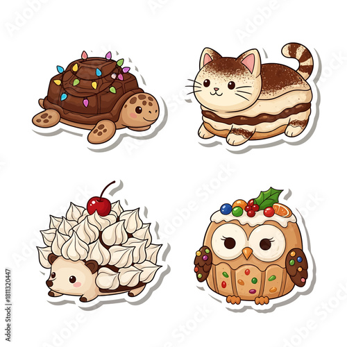 Four adorable animal-shaped desserts, including a Christmas turtle, a tiramisu cat, a meringue hedgehog, and a gingerbread owl.
