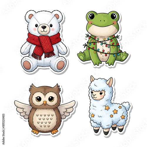 Cute cartoon animals: bear with scarf, frog with lights, owl, and llama with stars.