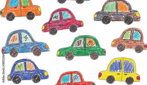 Colorful Child Crayon Vehicle Sketch Collection.