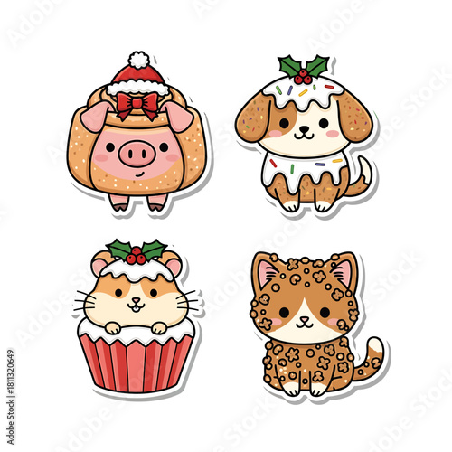 Cute Christmas animal stickers: pig in a blanket, dog cupcake, hamster cupcake, and leopard.