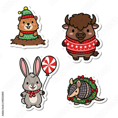 A collection of four cute cartoon animals dressed in festive holiday attire, including a groundhog, a yak, a rabbit with a balloon, and an armadillo wearing a wreath.
