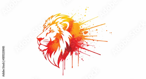 Stylized 2D illustration of a vibrant lion's head featuring a dynamic watercolor burst explosion spreading across the isolated white background.