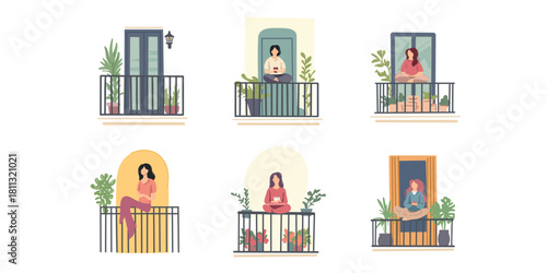 flat vector set of women sitting on balconies enjoying free time