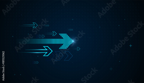 A layered digital arrow rises with intensity, reflecting scalable growth and powerful upward trends in technology. Glowing blue arrows move upward iwith Multiple neon arrows