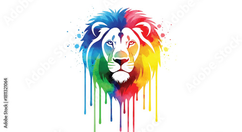 A striking flat 2D vector illustration of a majestic lion portrait features vibrant abstract colorful watercolor paint dripping down from the mane on a clean white background.