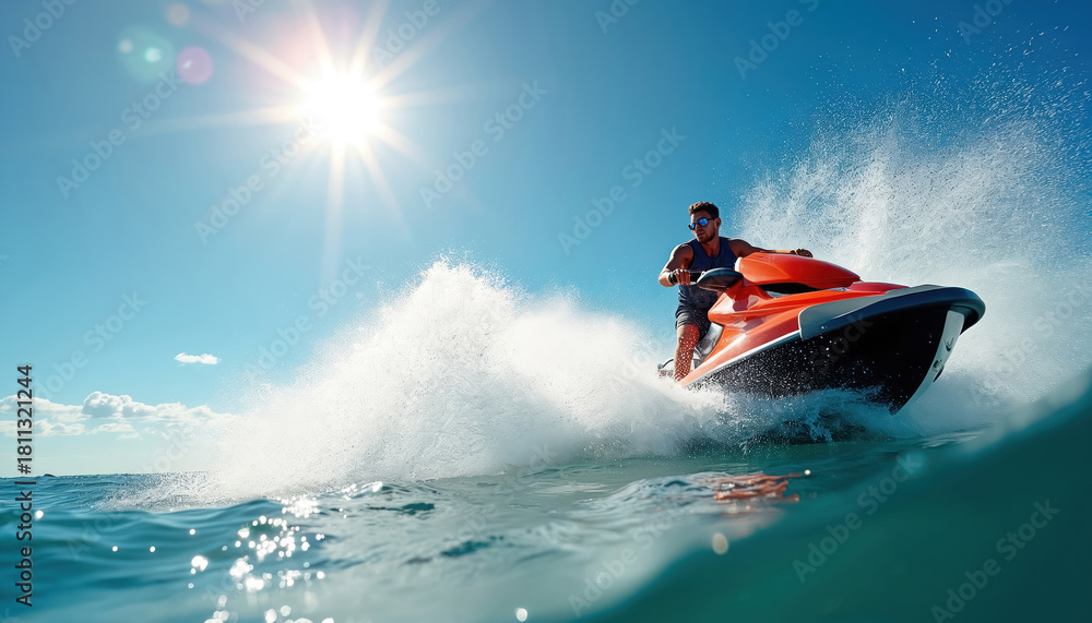 Fototapeta premium Man rides jet ski on bright sunny day creating large water splash. He speeds across blue ocean waves enjoying summer vacation fun and freedom on fast watercraft.