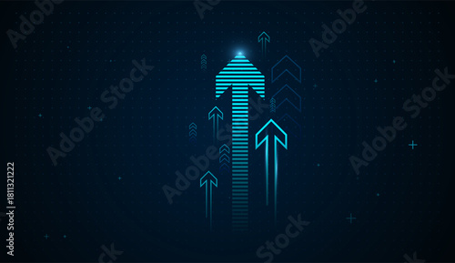 A upward arrows vector design, with Blue Glowing Arrow Light Background made of glowing blue lines represents accelerating digital growth and rising Charts Concepts