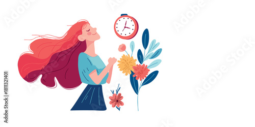 flat vector illustration of woman balancing schedule and clock