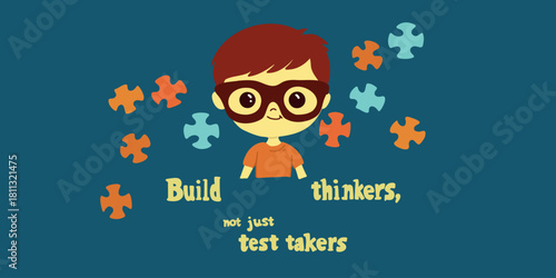 flat vector inspirational education banner with text build thinkers not just test