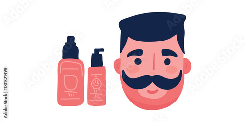 portrait of man with mustache and skincare products flat vector illustration